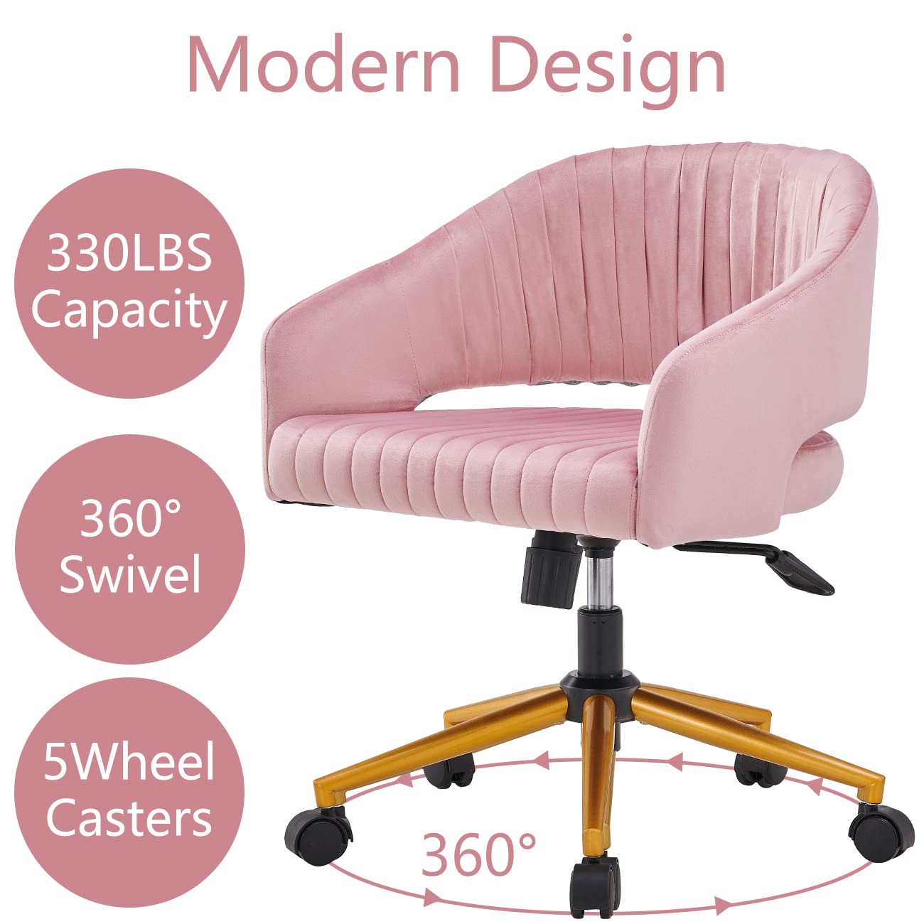 Home Office Cute Desk Chair Swivel Velvet Modern Cute Desk Chair with Gold Base, Ergonomic Study Seat, Computer Task Stools for Living Room (Pink)