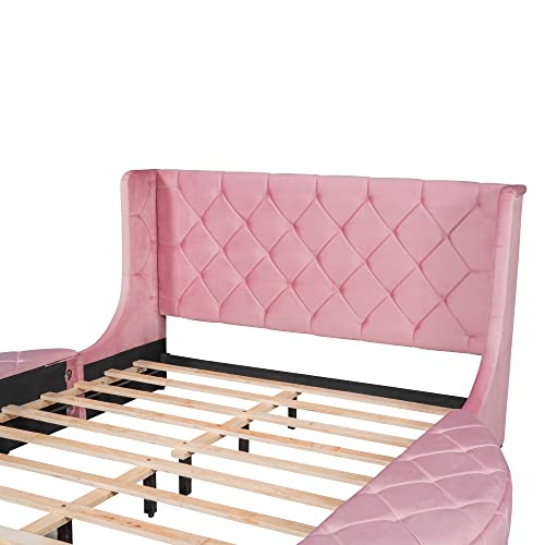 Merax Platform Bed Upholstered Bed Frame with Wingback Headboard, Frame and Slats, Velvet Upholstered Platform Bed with a Big Drawer and 2 Side Storage Stool, No Box Spring Needed, Queen (Pink)