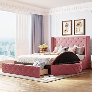 merax platform bed upholstered bed frame with wingback headboard, frame and slats, velvet upholstered platform bed with a big drawer and 2 side storage stool, no box spring needed, queen (pink)