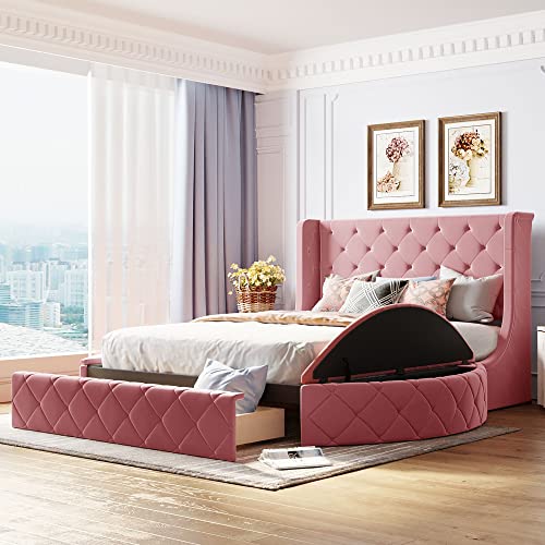 Merax Platform Bed Upholstered Bed Frame with Wingback Headboard, Frame and Slats, Velvet Upholstered Platform Bed with a Big Drawer and 2 Side Storage Stool, No Box Spring Needed, Queen (Pink)