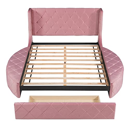 Merax Platform Bed Upholstered Bed Frame with Wingback Headboard, Frame and Slats, Velvet Upholstered Platform Bed with a Big Drawer and 2 Side Storage Stool, No Box Spring Needed, Queen (Pink)