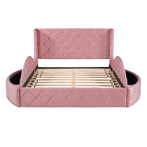 Merax Platform Bed Upholstered Bed Frame with Wingback Headboard, Frame and Slats, Velvet Upholstered Platform Bed with a Big Drawer and 2 Side Storage Stool, No Box Spring Needed, Queen (Pink)