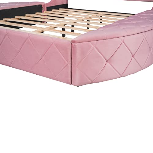 Merax Platform Bed Upholstered Bed Frame with Wingback Headboard, Frame and Slats, Velvet Upholstered Platform Bed with a Big Drawer and 2 Side Storage Stool, No Box Spring Needed, Queen (Pink)