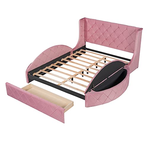 Merax Platform Bed Upholstered Bed Frame with Wingback Headboard, Frame and Slats, Velvet Upholstered Platform Bed with a Big Drawer and 2 Side Storage Stool, No Box Spring Needed, Queen (Pink)