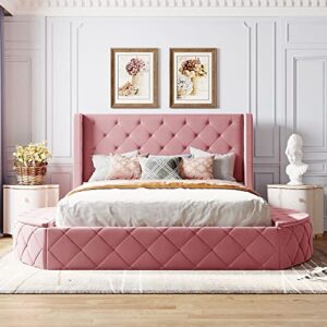 Merax Platform Bed Upholstered Bed Frame with Wingback Headboard, Frame and Slats, Velvet Upholstered Platform Bed with a Big Drawer and 2 Side Storage Stool, No Box Spring Needed, Queen (Pink)