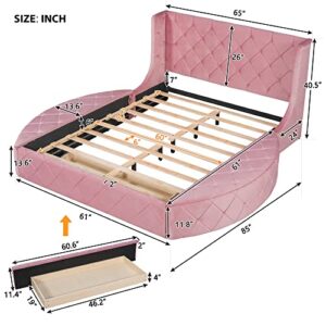 Merax Platform Bed Upholstered Bed Frame with Wingback Headboard, Frame and Slats, Velvet Upholstered Platform Bed with a Big Drawer and 2 Side Storage Stool, No Box Spring Needed, Queen (Pink)