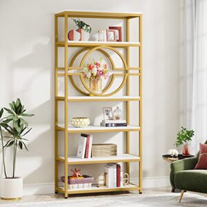 tribesigns 6-tier bookshelf, 74.2" tall bookcase metal book shelf, freestanding storage shelves modern bookshelf for home office living room bedroom (white/gold, 1pc)