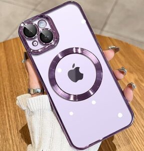 jueshituo magnetic metallic clear for iphone 14 case with full camera cover protection [no.1 strong n52 magnets] [military grade drop protection] for women girls phone case (6.1")-purple