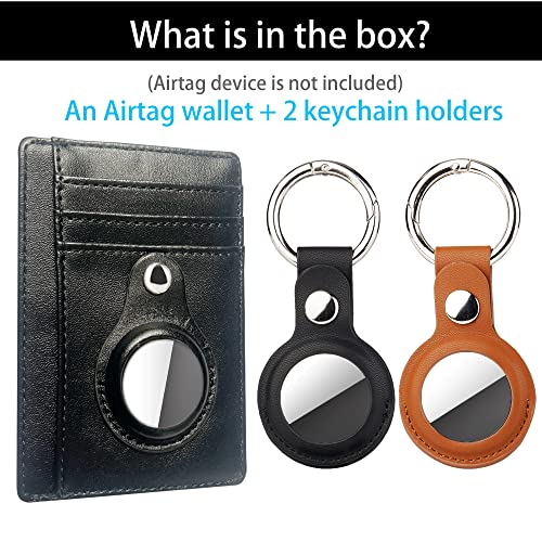 Compatible with Apple Airtag Wallet + Holder (2 Pack), Air tag Wallet for Men Women with Keychain Leather, Slim Card Holder, Mens Wallet with Holder Small and Thin, Black