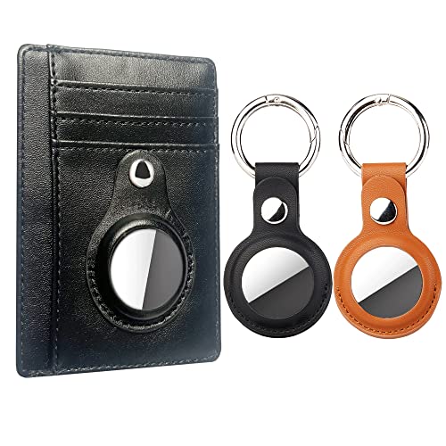 Compatible with Apple Airtag Wallet + Holder (2 Pack), Air tag Wallet for Men Women with Keychain Leather, Slim Card Holder, Mens Wallet with Holder Small and Thin, Black