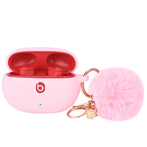 Pink Case for Women Cute Designed for Beats Studio Buds Case Cover with Pom pom, Silicone Protective Keychain Cover Compatible with Beats Studio Buds 2021, Accessories Keychain and Pom pom