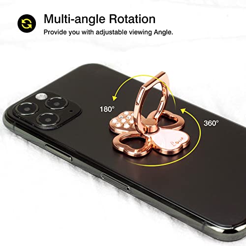 [2 Pack] Lucky Four Leaf Clover Cell Phone Ring Holder Stand, 360 Degree Rotation Finger Ring Kickstand with Polished Metal Phone Grip for Magnetic Car Mount, Smartphone Accessories（Rose Gold）