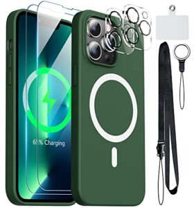 [6-in-1]silicone for iphone 13 pro phone case,[magsafe-compatible][glass screen protector+lens protector][soft anti-scratch microfiber lining]shockproof case for iphone 13 pro 6.1 inch-grass green