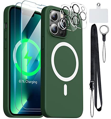 [6-in-1]Silicone for iPhone 13 Pro Phone Case,[Magsafe-Compatible][Glass Screen Protector+Lens Protector][Soft Anti-Scratch Microfiber Lining]Shockproof Case for iPhone 13 Pro 6.1 inch-Grass Green