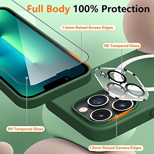 [6-in-1]Silicone for iPhone 13 Pro Phone Case,[Magsafe-Compatible][Glass Screen Protector+Lens Protector][Soft Anti-Scratch Microfiber Lining]Shockproof Case for iPhone 13 Pro 6.1 inch-Grass Green