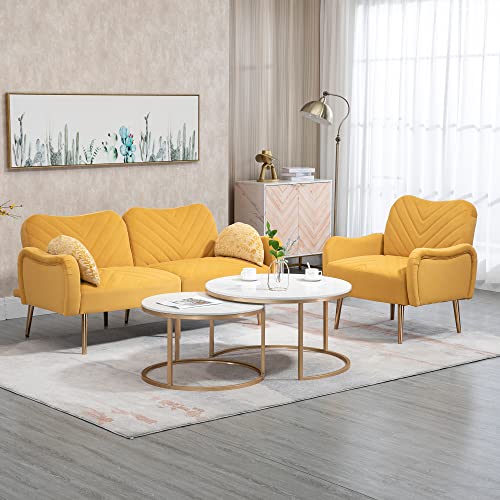 Hdxdkog Modern Sectional Sofa with Ottoman,Modular Sofa with Right Side Chaise Lounge and Footstool,Soft Fabric Leisure Sofa Couch with Wooden Frame,for Living Room,Office (Mustard, Loveseat)