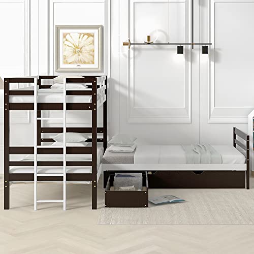 Woanke Twin Over Twin L-Shaped Bunk Bed with Platform Bed and Trundle Attached, Twin Size Triple Bunk Bed for 4 Kids, Corner Twin Over Twin Platform Bed with Drawers, No Box Spring Needed