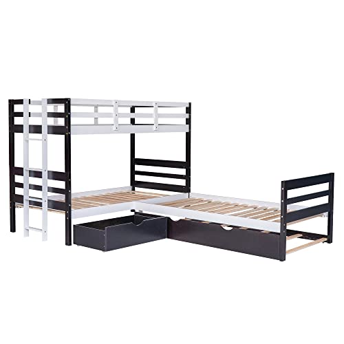 Woanke Twin Over Twin L-Shaped Bunk Bed with Platform Bed and Trundle Attached, Twin Size Triple Bunk Bed for 4 Kids, Corner Twin Over Twin Platform Bed with Drawers, No Box Spring Needed