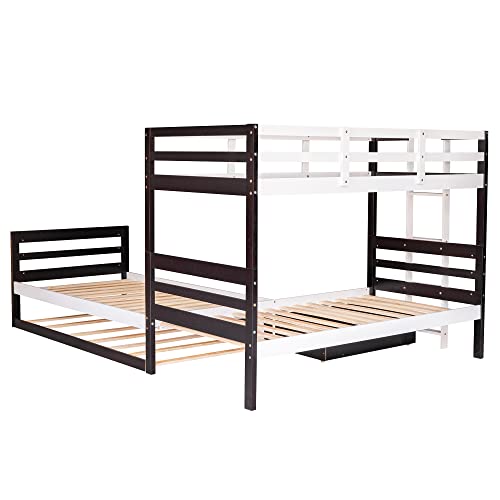 Woanke Twin Over Twin L-Shaped Bunk Bed with Platform Bed and Trundle Attached, Twin Size Triple Bunk Bed for 4 Kids, Corner Twin Over Twin Platform Bed with Drawers, No Box Spring Needed