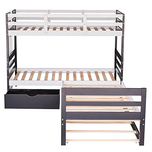 Woanke Twin Over Twin L-Shaped Bunk Bed with Platform Bed and Trundle Attached, Twin Size Triple Bunk Bed for 4 Kids, Corner Twin Over Twin Platform Bed with Drawers, No Box Spring Needed