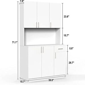 White Coffee Bar Cabinet 71" Modern Kitchen Buffet Storage Cabinet with Hutch White Kitchen Pantry Storage Cabinet with Drawer and 5 Door Coffee Bar Kitchen Buffet Hutch for Dining Room, White