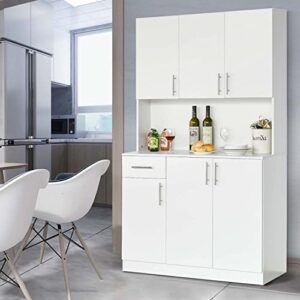 White Coffee Bar Cabinet 71" Modern Kitchen Buffet Storage Cabinet with Hutch White Kitchen Pantry Storage Cabinet with Drawer and 5 Door Coffee Bar Kitchen Buffet Hutch for Dining Room, White