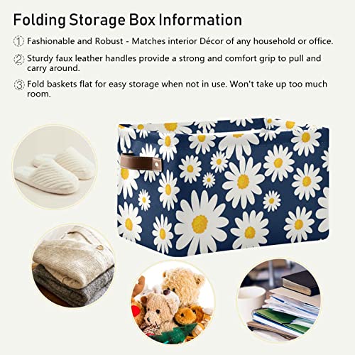 ALAZA Spring Daisy Flowers on Navy Blue Storage Basket for Shelves for Organizing Closet Shelf Nursery Toy, Fabric Collapsible Storage Organizer Bins Decorative Baskets with Handles Cubes
