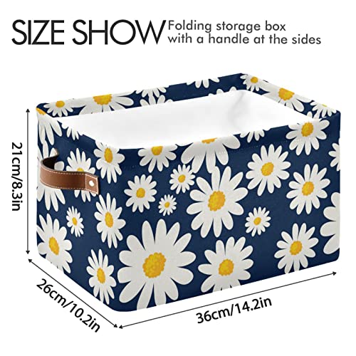 ALAZA Spring Daisy Flowers on Navy Blue Storage Basket for Shelves for Organizing Closet Shelf Nursery Toy, Fabric Collapsible Storage Organizer Bins Decorative Baskets with Handles Cubes