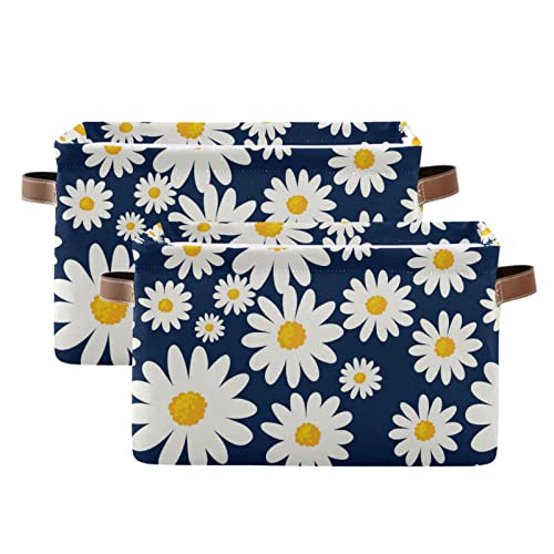 ALAZA Spring Daisy Flowers on Navy Blue Storage Basket for Shelves for Organizing Closet Shelf Nursery Toy, Fabric Collapsible Storage Organizer Bins Decorative Baskets with Handles Cubes
