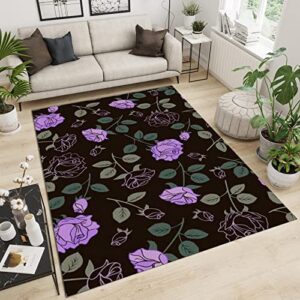 purple rose black background area rugs, romantic home decor floor carpet, indoor area rugs non-slip durable non shedding washable for living room dining room bedroom office 5ftx7ft