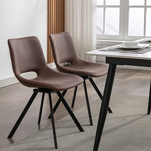 QUINJAY Leather Dining Chairs Set of 2 Modern Kitchen & Dining Room Chairs Swivel Dining Accent Chairs with Black Legs, Armless Side Chair for Living Room/Kitchen/Office, Brown