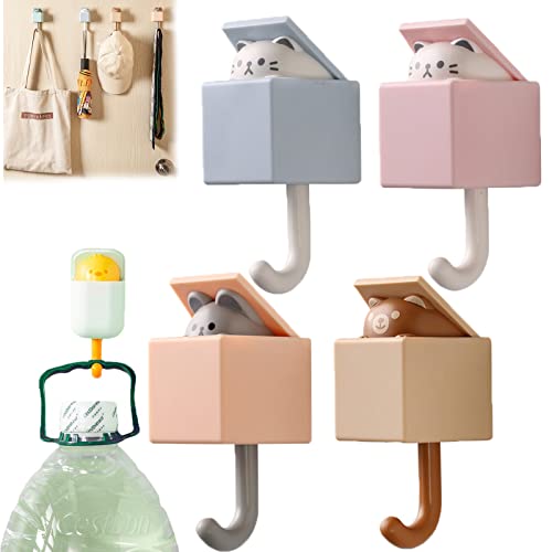 WOSLXM Creative Adhesive Coat Hook, Cute Cat Key Holder Hook, Cute Cat Hooks Wall Mounted, Cute Coat Wall Hooks for Wall Hanging Decorations Without Drilling (4PCS-G)