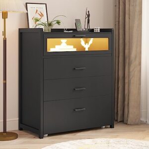 viagdo chest of drawers with led light, black 4 dresser, tall dresser flip drawer and wheels, wood bedroom storage cabinet for closet, hallway, black-4 drawers-tall