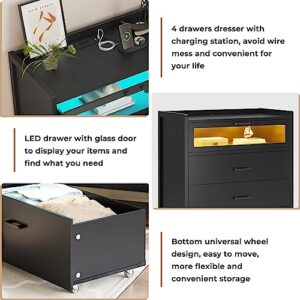 VIAGDO Chest of Drawers with LED Light, Black 4 Dresser, Tall Dresser Flip Drawer and Wheels, Wood Bedroom Storage Cabinet for Closet, Hallway, Black-4 Drawers-tall