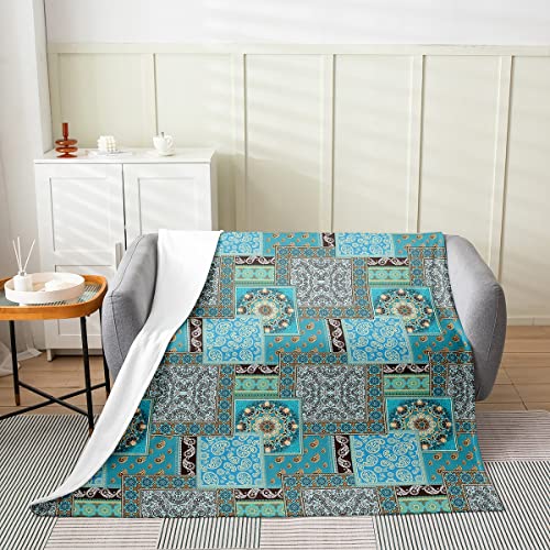 Bohemian Style Throw Blanket Blue Retro Exotic Flowers Decorative Flannel Blanket for Teens Adults Abstract Geometric Patchwork Plaid Fleece Blanket for Housewarming Sofa Twin 60x80