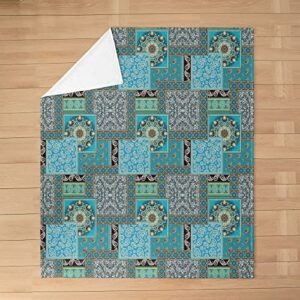 Bohemian Style Throw Blanket Blue Retro Exotic Flowers Decorative Flannel Blanket for Teens Adults Abstract Geometric Patchwork Plaid Fleece Blanket for Housewarming Sofa Twin 60x80