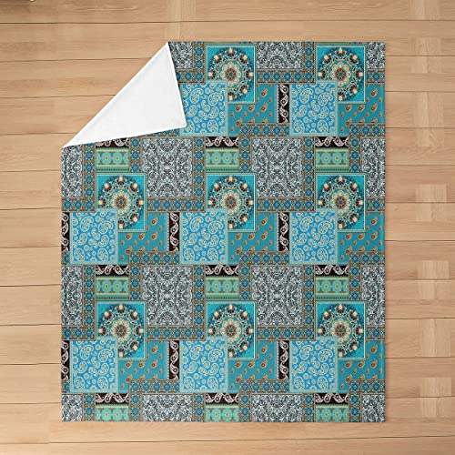 Bohemian Style Throw Blanket Blue Retro Exotic Flowers Decorative Flannel Blanket for Teens Adults Abstract Geometric Patchwork Plaid Fleece Blanket for Housewarming Sofa Twin 60x80