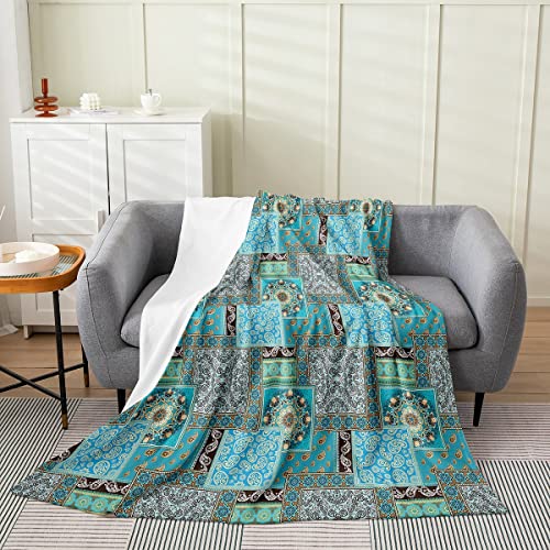 Bohemian Style Throw Blanket Blue Retro Exotic Flowers Decorative Flannel Blanket for Teens Adults Abstract Geometric Patchwork Plaid Fleece Blanket for Housewarming Sofa Twin 60x80