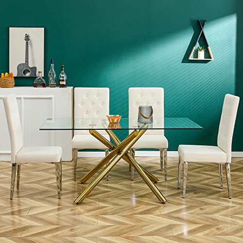 5 Piece Dining Table Set,63" Rectangular Tempered Glass Top Kitchen Table and Dining Chairs Set of 4,Modern White Velvet Upholstered Chair and Gold Metal Dining Room Tables for Kitchen, Living Room