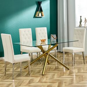 5 Piece Dining Table Set,63" Rectangular Tempered Glass Top Kitchen Table and Dining Chairs Set of 4,Modern White Velvet Upholstered Chair and Gold Metal Dining Room Tables for Kitchen, Living Room