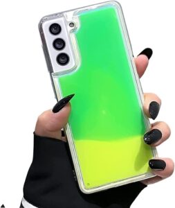 yatchen liquid fluorescent case for samsung galaxy s23 ultra,luxury fun glow in the darkness quicksand clear soft tpu back cover luminous shockproof protector (green, galaxy s23 ultra)