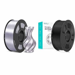 3d printer silk filament and pla meta filament, sunlu shiny silk pla filament 1.75mm, smooth silky surface, great easy to print for 3d printers, dimensional accuracy +/- 0.02mm, silk silver 1kg, black