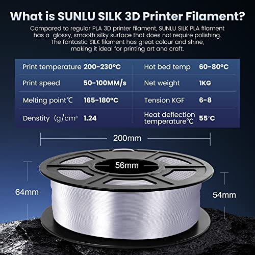 3D Printer Silk Filament and PLA Meta Filament, SUNLU Shiny Silk PLA Filament 1.75mm, Smooth Silky Surface, Great Easy to Print for 3D Printers, Dimensional Accuracy +/- 0.02mm, Silk Silver 1KG, Black