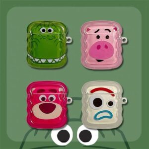 soft tpu clear case with charm keychain hook for apple airpod disney anime cartoon lotso huggin teddy rex hamm forky cute lovely adorable kids girls (green dinosaur for airpods pro)