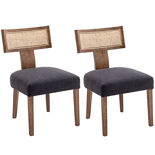 VESCASA Linen Upholstered Dining Chairs with Natural Wood Legs, Farmhouse Padded Dining Chairs with Rattan Curved Open Back for Dining Room, Kitchen, Set of 2, Charcoal