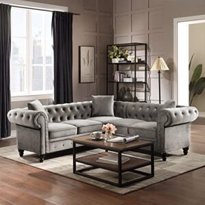 szubee 8080" l shaped sectional sofa living room furniture deep button tufted velvet upholstered rolled arm classic chesterfield 3 pillows included, grey
