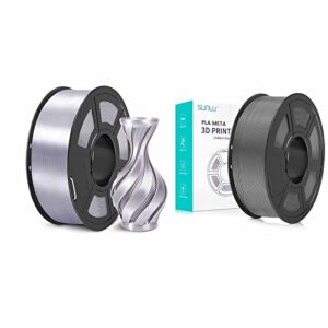 3d printer silk filament and pla meta filament, sunlu shiny silk pla filament 1.75mm, smooth silky surface, great easy to print for 3d printers, dimensional accuracy +/- 0.02mm, silk silver 1kg, grey