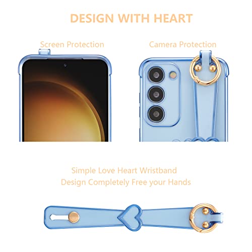 ZTOFERA Samsung Galaxy S23 5G Case with Kickstand,Luxury Cute Plating Edge Love Hearts Pattern Wrist Strap Finger Holder for Girls Women,Soft Shockproof Cover for Galaxy S23 6.1",Blue