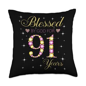 blessed by god 91st birthday gift for ladies blessed by god for 91 years old 91st birthday gift for women throw pillow, 18x18, multicolor