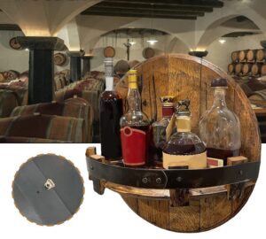 wooden bourbon whiskey barrel shelf, hand crafted wall mounted wine rack countertop, round display organizer stand bar shelves vintage liquor bottle home decor